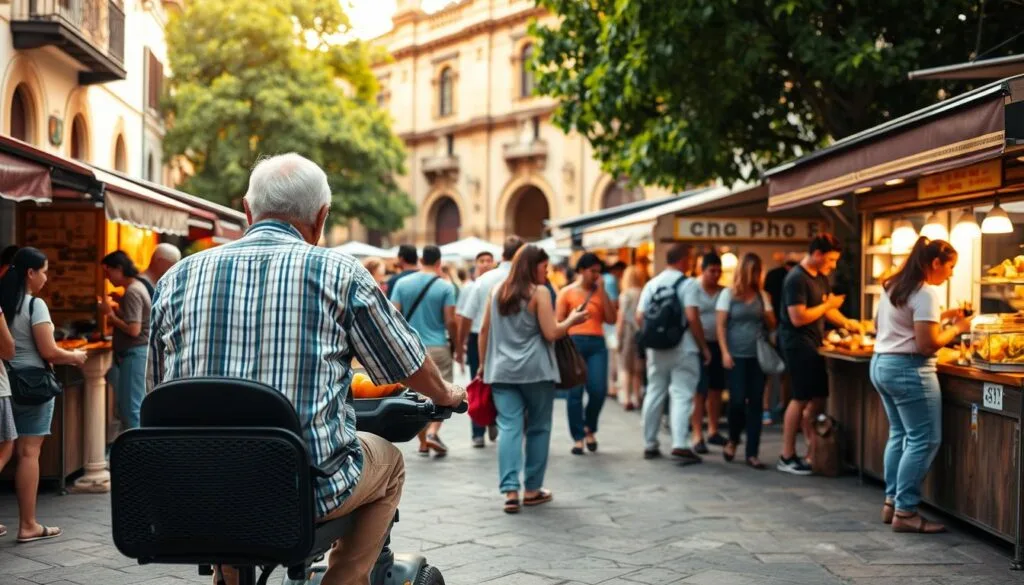 A bustling food tour in an accessible Brazilian city, showcasing diverse culinary delights. In the foreground, a senior couple navigates the lively streets with the aid of a mobility scooter, taking in the vibrant sights and aromas of local vendors. The middle ground depicts a mix of locals and tourists, interacting with the food stalls and sampling regional specialties. In the background, the historic architecture and lush greenery create a charming, inviting atmosphere. Soft, warm lighting casts a golden glow, highlighting the inclusive and immersive dining experience. The scene conveys a sense of accessibility, culture, and the joy of discovering new flavors later in life.