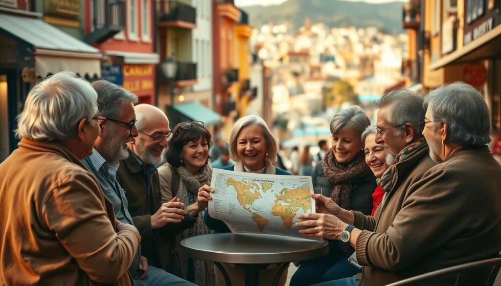 A bustling urban street scene, with a focus on a group of people enthusiastically discussing a menu and map laid out on a small outdoor table. The foreground features a diverse array of mature adults, their faces alight with excitement as they plan their gastronomic adventure. The middle ground showcases the vibrant local architecture, with colorful buildings and awnings lining the street. In the background, a picturesque cityscape unfolds, hinting at the rich cultural tapestry of the destination. Warm, golden lighting filters through, creating a cozy, inviting atmosphere that evokes the joys of discovering new culinary delights. The overall composition conveys a sense of energy, discovery, and the shared delight of planning a delectable gastronomic journey.