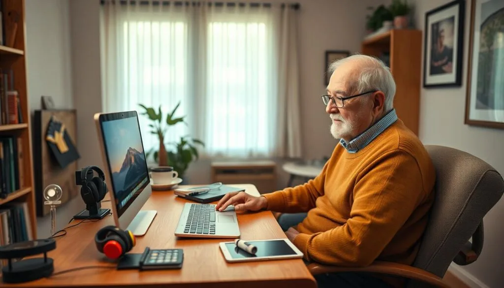 A cozy, well-lit home office scene with an elderly person comfortably seated at a wooden desk, using a modern laptop computer. The desk is adorned with a variety of helpful tools and accessories, such as a magnifying glass, a large-print keyboard, noise-canceling headphones, and a digital tablet. The walls are lined with bookshelves and framed artwork, creating a warm and inviting atmosphere. Soft, diffused lighting illuminates the space, lending a sense of calm and focus. The elderly person's expression is one of concentration and engagement, demonstrating the empowering possibilities of online tools and resources for the older generation.