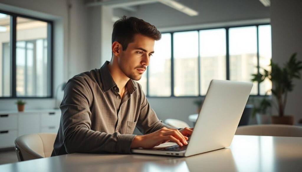 A digital proof of life in a modern, efficient setting. A person sitting at a desk, a laptop computer open before them, their face illuminated by the soft glow of the screen. The background is a clean, minimalist office environment, with a neutral color palette and simple furnishings. The lighting is natural, filtering in through large windows, casting a warm, ambient glow. The person's expression is focused, their hands engaged with the device, signifying the act of completing an important online task. The overall mood is one of professionalism, efficiency, and the seamless integration of technology into everyday life. A digital proof of life in a modern, efficient setting. A person sitting at a desk, a laptop computer open before them, their face illuminated by the soft glow of the screen. The background is a clean, minimalist office environment, with a neutral color palette and simple furnishings. The lighting is natural, filtering in through large windows, casting a warm, ambient glow. The person's expression is focused, their hands engaged with the device, signifying the act of completing an important online task. The overall mood is one of professionalism, efficiency, and the seamless integration of technology into everyday life.