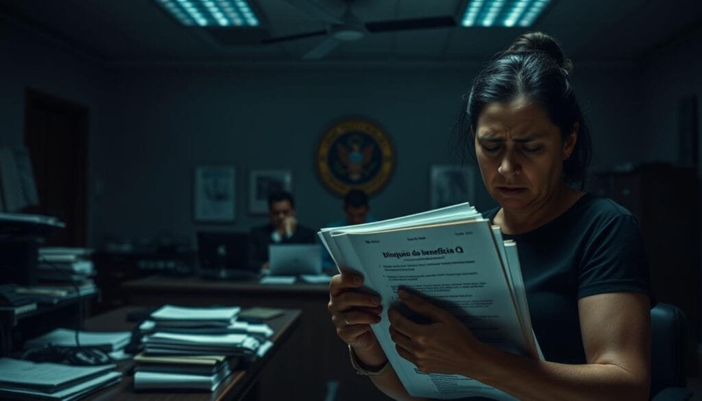 A dimly lit government office interior, with a stern-faced bureaucrat sitting behind a cluttered desk. In the foreground, a concerned citizen anxiously holds a stack of documents, the subject of "bloqueio do benefício" evident in their troubled expression. The room is bathed in a somber, authoritarian atmosphere, with harsh fluorescent lighting casting dramatic shadows. The scene conveys the frustration and powerlessness felt by individuals navigating the bureaucratic challenges of a social welfare system. Realistic, cinematic rendering with a focus on subtle details that evoke the gravity of the situation. A dimly lit government office interior, with a stern-faced bureaucrat sitting behind a cluttered desk. In the foreground, a concerned citizen anxiously holds a stack of documents, the subject of "bloqueio do benefício" evident in their troubled expression. The room is bathed in a somber, authoritarian atmosphere, with harsh fluorescent lighting casting dramatic shadows. The scene conveys the frustration and powerlessness felt by individuals navigating the bureaucratic challenges of a social welfare system. Realistic, cinematic rendering with a focus on subtle details that evoke the gravity of the situation.