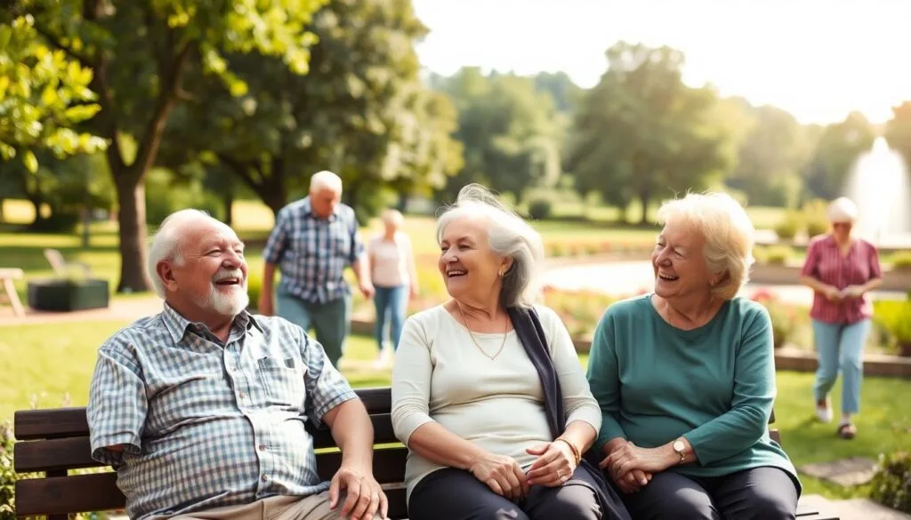 A group of elderly friends enjoying a warm, sunny day in a park or garden setting. The foreground shows three seniors - a man and two women - sitting on a bench, engaged in lively conversation and laughter. Their faces radiate joy and contentment. The middle ground features other seniors walking, playing games, or simply strolling together. The background depicts a verdant landscape with trees, flowers, and a tranquil pond or fountain. The lighting is soft and diffused, creating a calming, contemplative atmosphere. The scene conveys the importance of social connections and how friendships can enhance the physical and emotional well-being of older adults.
