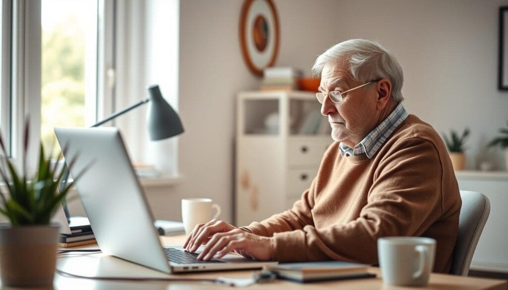 A serene, well-lit home office setting with an elderly person sitting at a desk, focusing intently on a laptop screen. The workspace is clean and organized, with a warm, inviting atmosphere. Soft natural light filters in through a nearby window, illuminating the scene. The person's expression conveys a sense of concentration and engagement, reflecting the empowering potential of online opportunities for seniors. The background features minimalist decor, suggesting a comfortable, productive environment conducive to fostering an online presence.