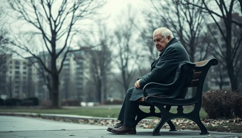 A solitary elderly person sitting alone on a park bench, with a melancholic expression. The background is a desaturated urban landscape, with bare trees and overcast skies conveying a sense of loneliness and isolation. Soft, muted lighting illuminates the figure, creating a contemplative and introspective mood. The scene is captured through a medium-wide angle lens, drawing the viewer's attention to the central figure and the surrounding environment. The overall atmosphere evokes a feeling of solitude and the challenges of social disconnection in later life.